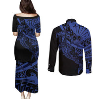 Blue Marquesas Islands Couples Matching Puletasi and Long Sleeve Button Shirt Marquesan Matatiki Hammerhead Shark Patutiki - Polynesian Pride