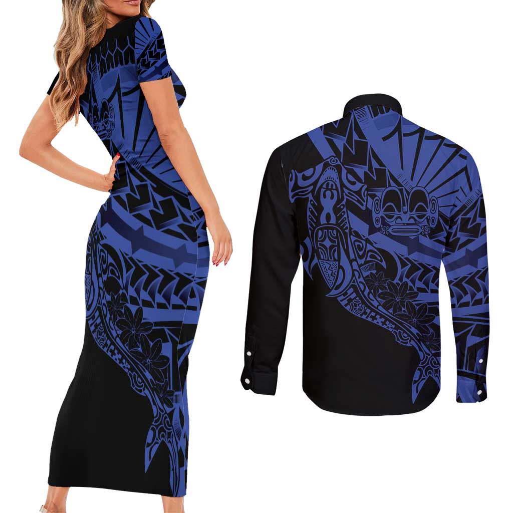 Blue Marquesas Islands Couples Matching Short Sleeve Bodycon Dress and Long Sleeve Button Shirt Marquesan Matatiki Hammerhead Shark Patutiki - Polynesian Pride