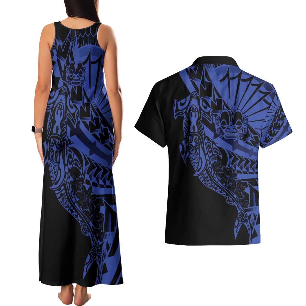 Blue Marquesas Islands Couples Matching Tank Maxi Dress and Hawaiian Shirt Marquesan Matatiki Hammerhead Shark Patutiki - Polynesian Pride