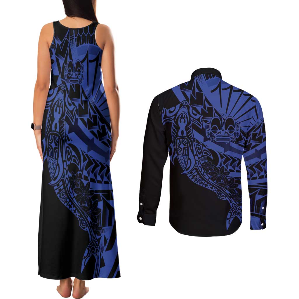 Blue Marquesas Islands Couples Matching Tank Maxi Dress and Long Sleeve Button Shirt Marquesan Matatiki Hammerhead Shark Patutiki - Polynesian Pride