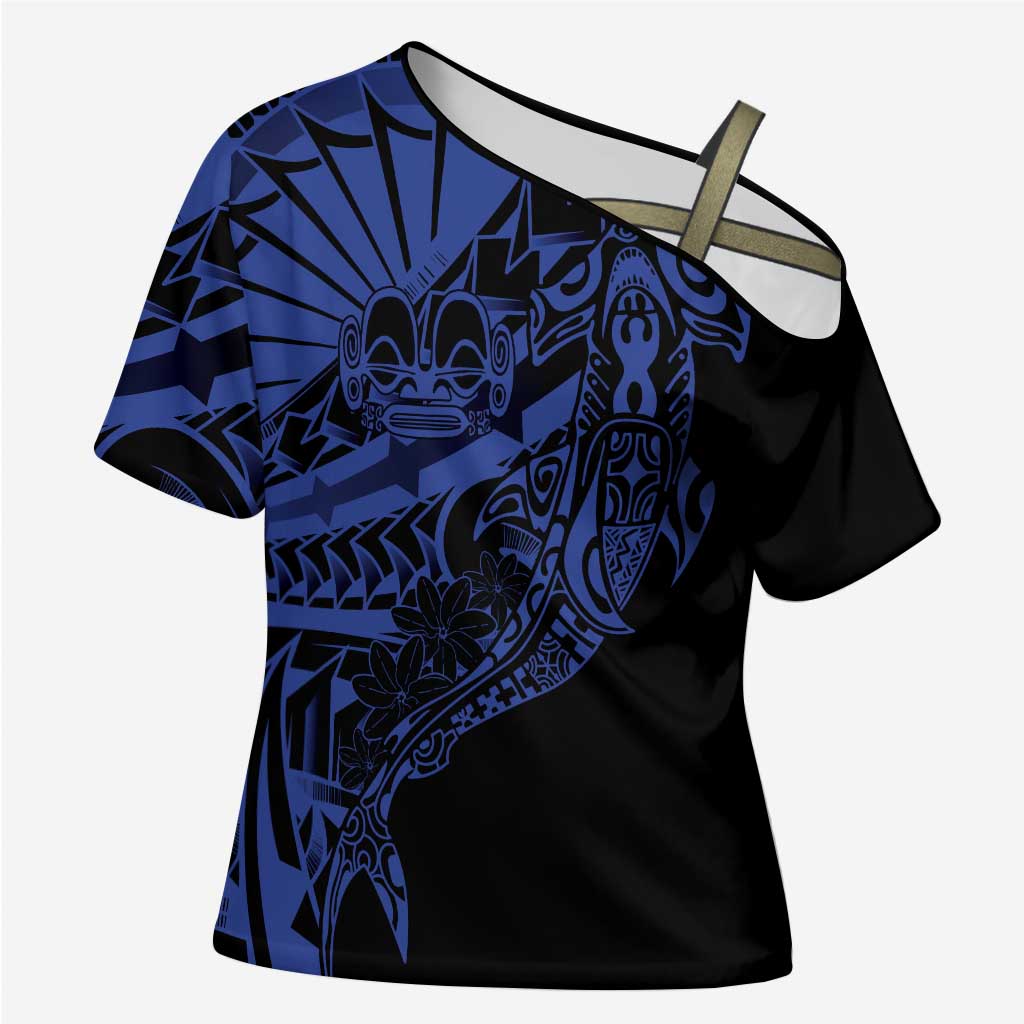 Blue Marquesas Islands Cross Shoulder Shirt Marquesan Matatiki Hammerhead Shark Patutiki - Polynesian Pride