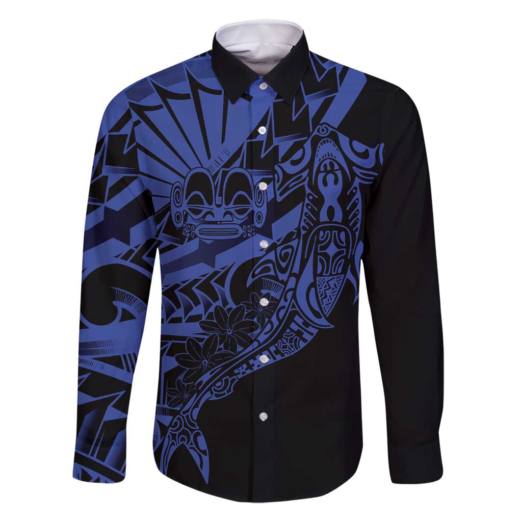 Blue Marquesas Islands Family Matching Long Sleeve Bodycon Dress and Hawaiian Shirt Marquesan Matatiki Hammerhead Shark Patutiki - Polynesian Pride