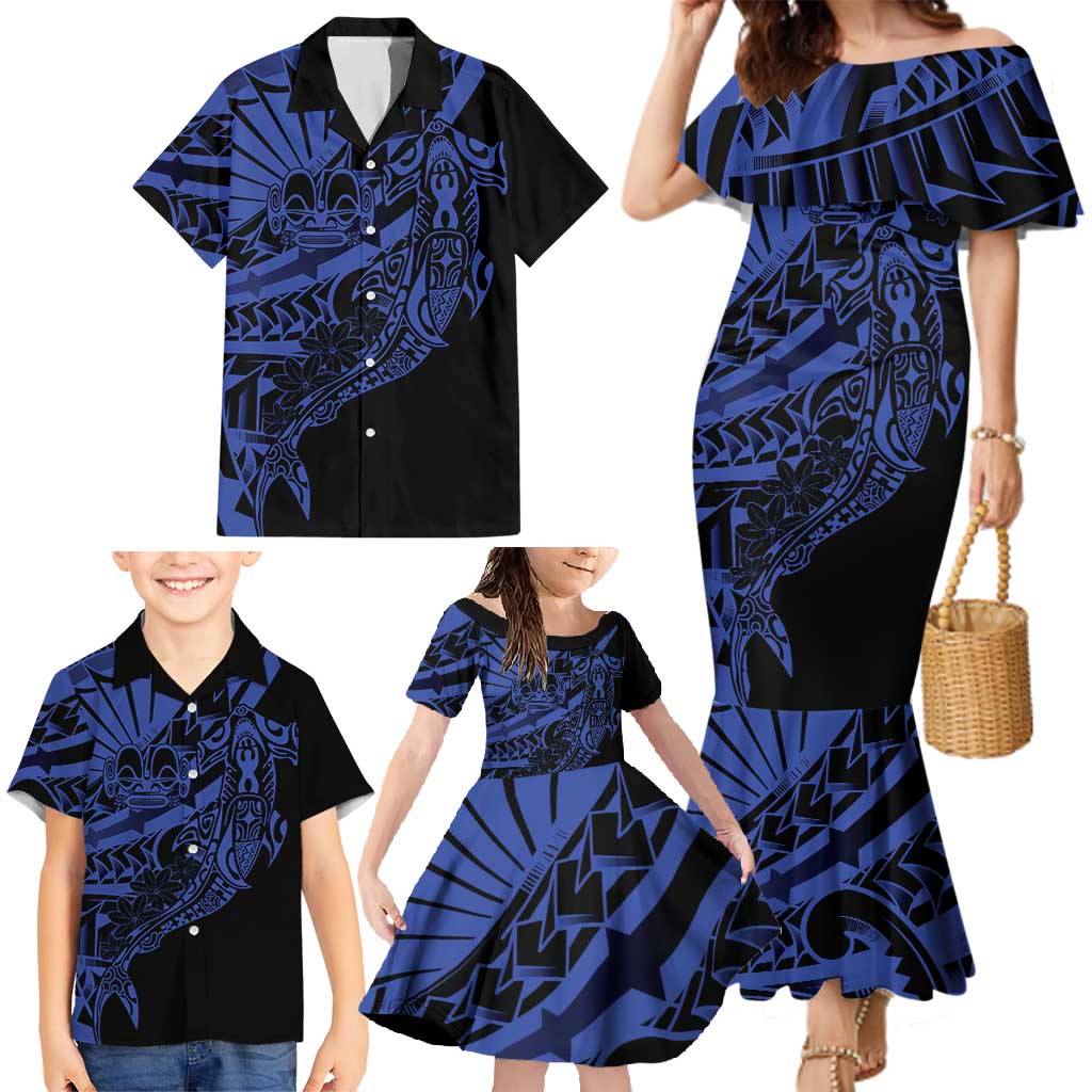 Blue Marquesas Islands Family Matching Mermaid Dress and Hawaiian Shirt Marquesan Matatiki Hammerhead Shark Patutiki - Polynesian Pride