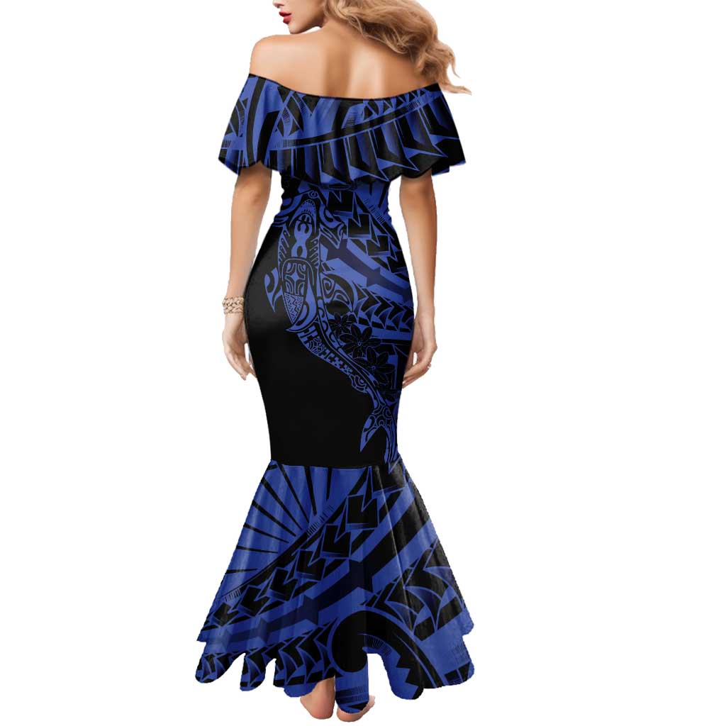 Blue Marquesas Islands Family Matching Mermaid Dress and Hawaiian Shirt Marquesan Matatiki Hammerhead Shark Patutiki - Polynesian Pride