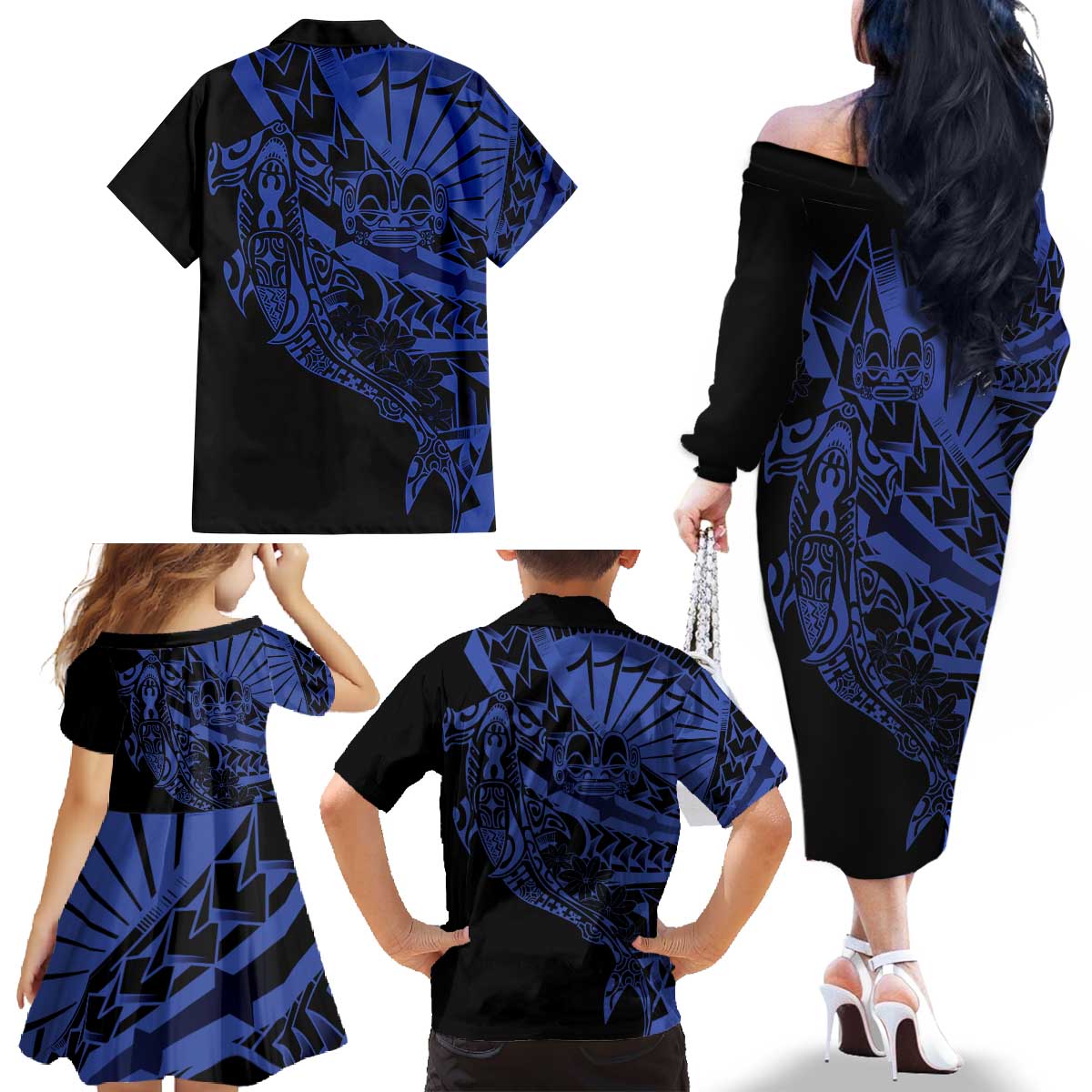 Blue Marquesas Islands Family Matching Off The Shoulder Long Sleeve Dress and Hawaiian Shirt Marquesan Matatiki Hammerhead Shark Patutiki - Polynesian Pride