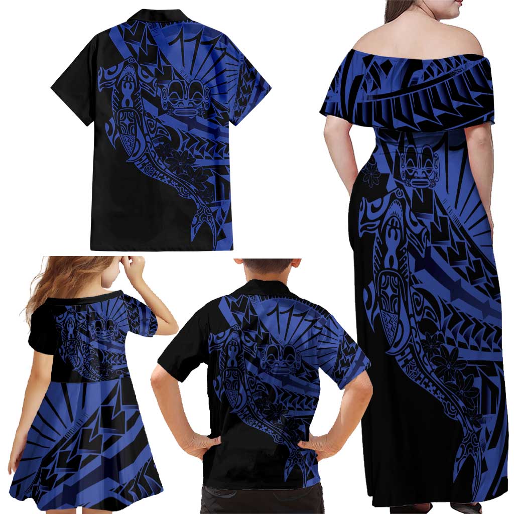 Blue Marquesas Islands Family Matching Off Shoulder Maxi Dress and Hawaiian Shirt Marquesan Matatiki Hammerhead Shark Patutiki - Polynesian Pride