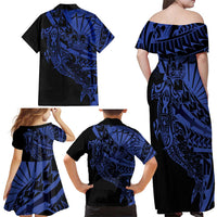 Blue Marquesas Islands Family Matching Off Shoulder Maxi Dress and Hawaiian Shirt Marquesan Matatiki Hammerhead Shark Patutiki - Polynesian Pride
