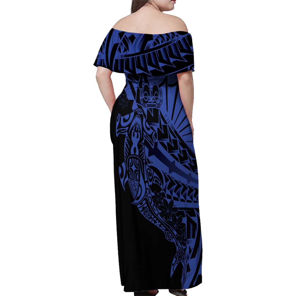 Blue Marquesas Islands Family Matching Off Shoulder Maxi Dress and Hawaiian Shirt Marquesan Matatiki Hammerhead Shark Patutiki - Polynesian Pride