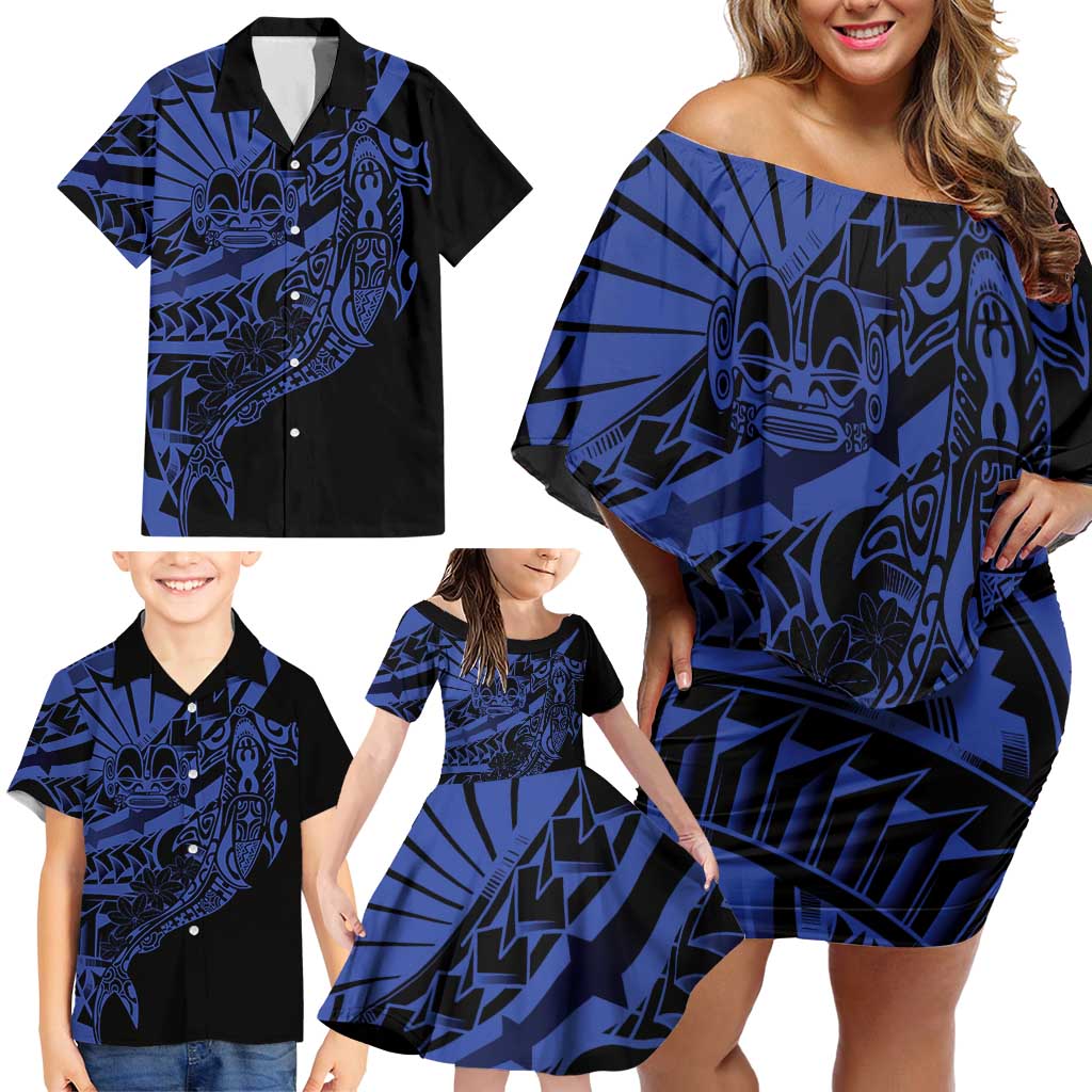 Blue Marquesas Islands Family Matching Off Shoulder Short Dress and Hawaiian Shirt Marquesan Matatiki Hammerhead Shark Patutiki - Polynesian Pride