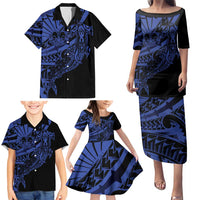 Blue Marquesas Islands Family Matching Puletasi and Hawaiian Shirt Marquesan Matatiki Hammerhead Shark Patutiki - Polynesian Pride