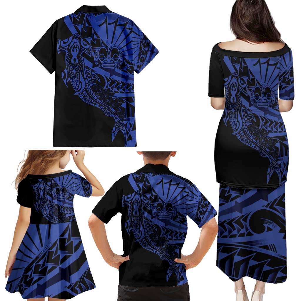 Blue Marquesas Islands Family Matching Puletasi and Hawaiian Shirt Marquesan Matatiki Hammerhead Shark Patutiki - Polynesian Pride