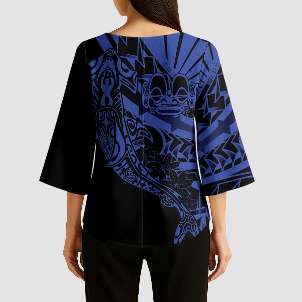 Blue Marquesas Islands Kimono Sleeve Blouse Marquesan Matatiki Hammerhead Shark Patutiki - Polynesian Pride