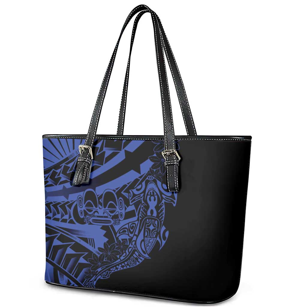 Blue Marquesas Islands Leather Tote Bag Marquesan Matatiki Hammerhead Shark Patutiki - Polynesian Pride