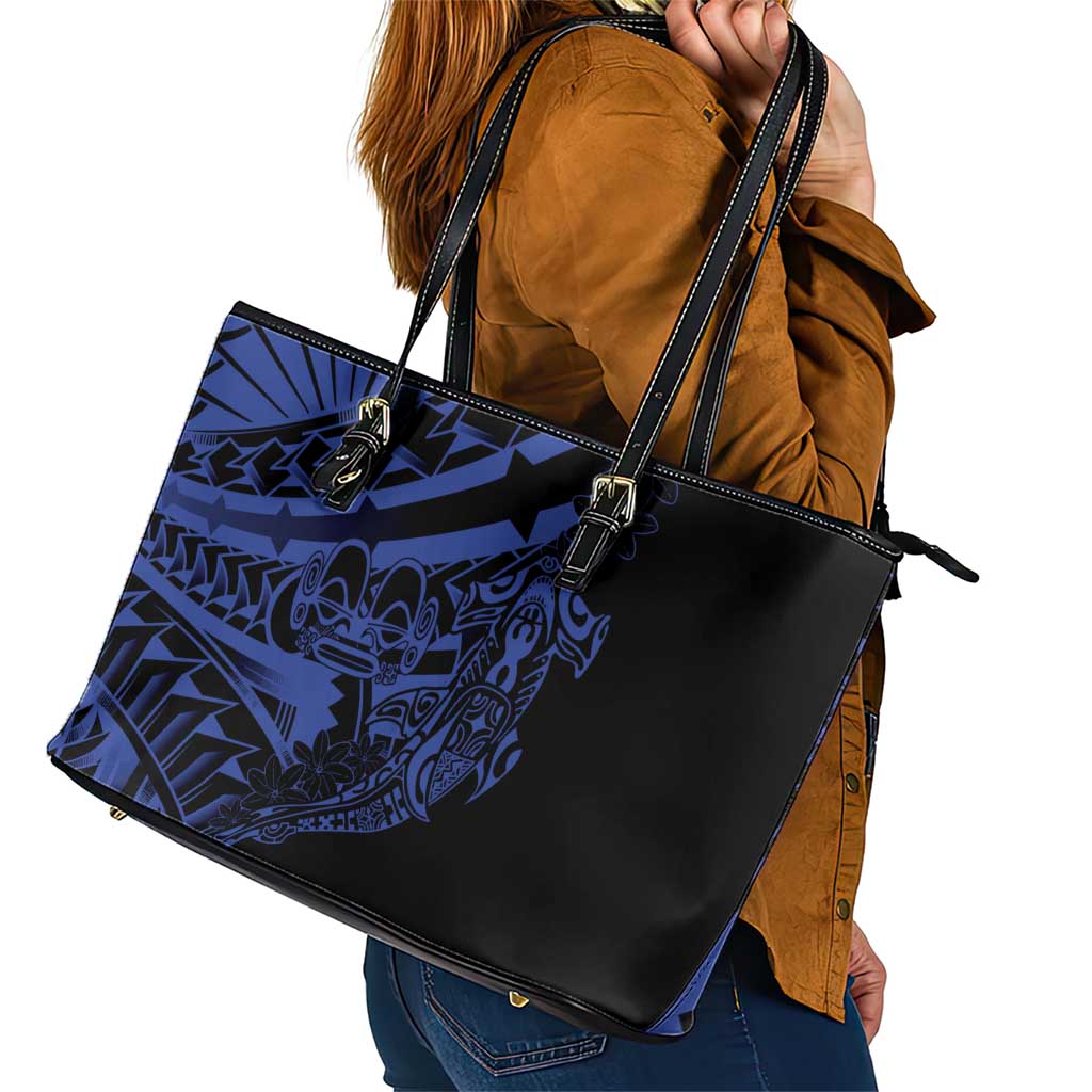 Blue Marquesas Islands Leather Tote Bag Marquesan Matatiki Hammerhead Shark Patutiki - Polynesian Pride