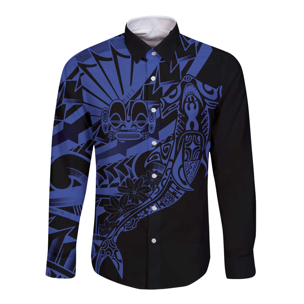 Blue Marquesas Islands Long Sleeve Button Shirt Marquesan Matatiki Hammerhead Shark Patutiki - Polynesian Pride