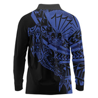 Blue Marquesas Islands Long Sleeve Polo Shirt Marquesan Matatiki Hammerhead Shark Patutiki - Polynesian Pride