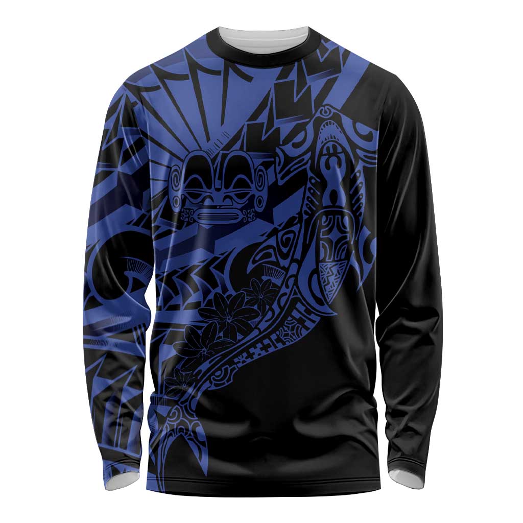 Blue Marquesas Islands Long Sleeve Shirt Marquesan Matatiki Hammerhead Shark Patutiki - Polynesian Pride