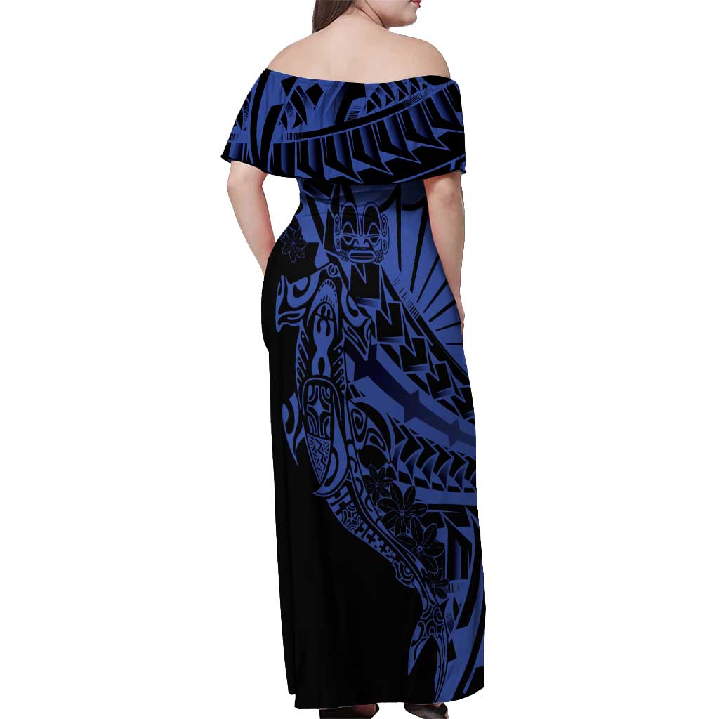 Blue Marquesas Islands Off Shoulder Maxi Dress Marquesan Matatiki Hammerhead Shark Patutiki - Polynesian Pride