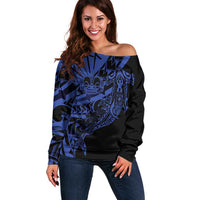 Blue Marquesas Islands Off Shoulder Sweater Marquesan Matatiki Hammerhead Shark Patutiki - Polynesian Pride