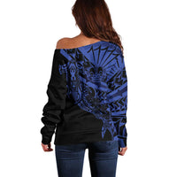 Blue Marquesas Islands Off Shoulder Sweater Marquesan Matatiki Hammerhead Shark Patutiki - Polynesian Pride