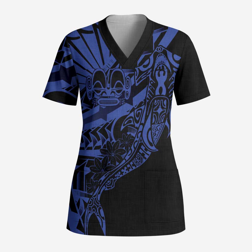 Blue Marquesas Islands Scrub Top Marquesan Matatiki Hammerhead Shark Patutiki - Polynesian Pride