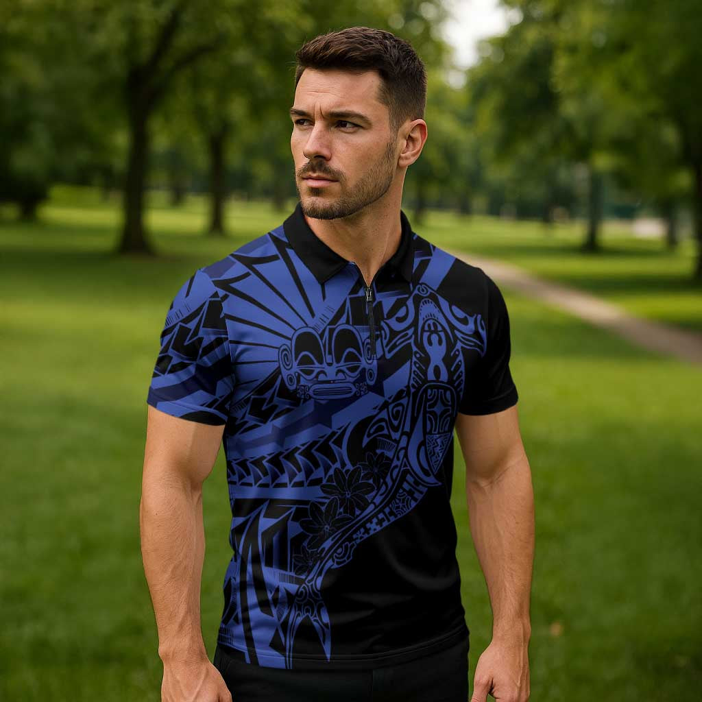 Blue Marquesas Islands Zipper Polo Shirt Marquesan Matatiki Hammerhead Shark Patutiki - Polynesian Pride