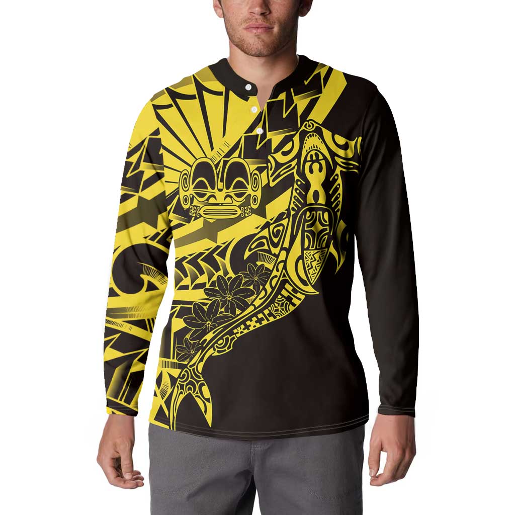 Yellow Marquesas Islands Button Sweatshirt Marquesan Matatiki Hammerhead Shark Patutiki - Polynesian Pride