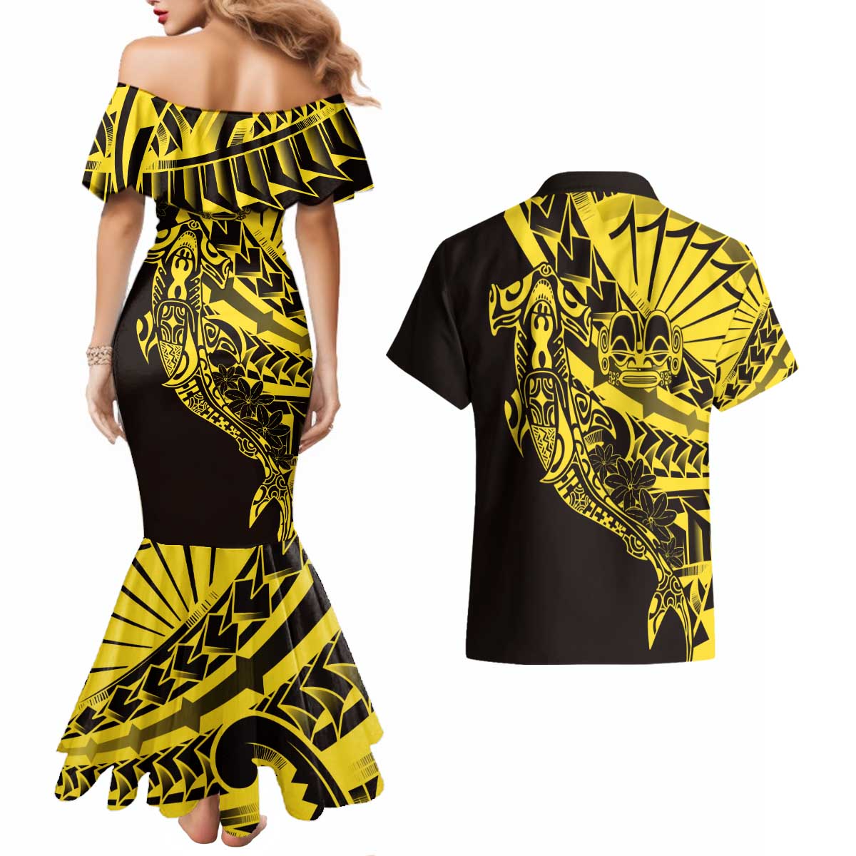 Yellow Marquesas Islands Couples Matching Mermaid Dress and Hawaiian Shirt Marquesan Matatiki Hammerhead Shark Patutiki - Polynesian Pride