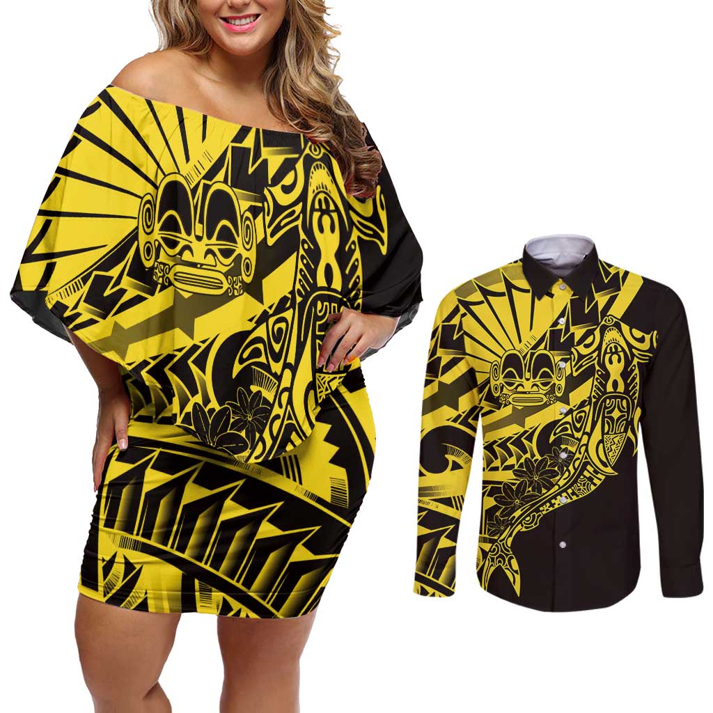 Yellow Marquesas Islands Couples Matching Off Shoulder Short Dress and Long Sleeve Button Shirt Marquesan Matatiki Hammerhead Shark Patutiki - Polynesian Pride