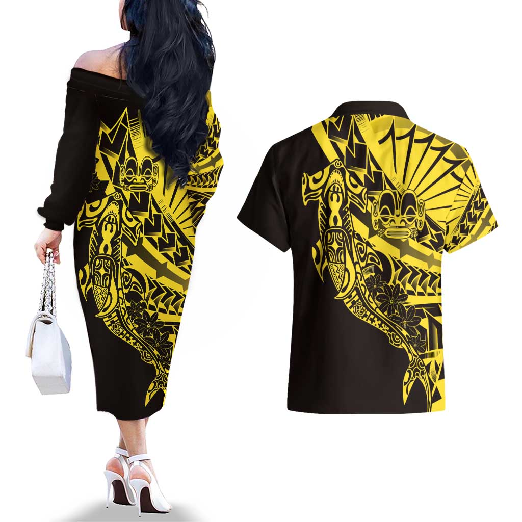 Yellow Marquesas Islands Couples Matching Off The Shoulder Long Sleeve Dress and Hawaiian Shirt Marquesan Matatiki Hammerhead Shark Patutiki - Polynesian Pride