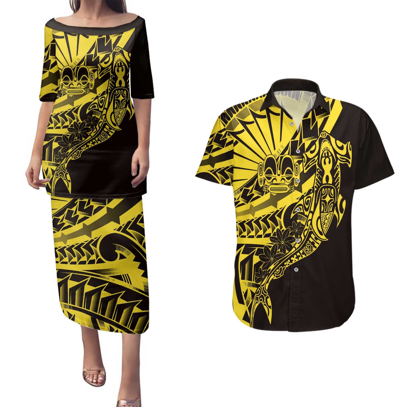 Yellow Marquesas Islands Couples Matching Puletasi and Hawaiian Shirt Marquesan Matatiki Hammerhead Shark Patutiki - Polynesian Pride