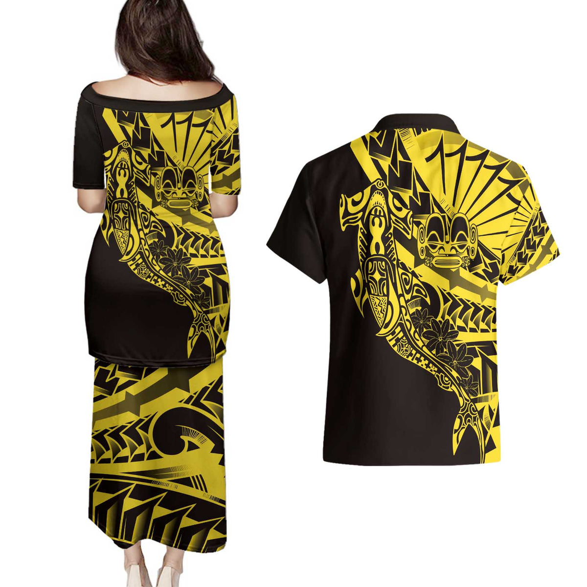 Yellow Marquesas Islands Couples Matching Puletasi and Hawaiian Shirt Marquesan Matatiki Hammerhead Shark Patutiki - Polynesian Pride