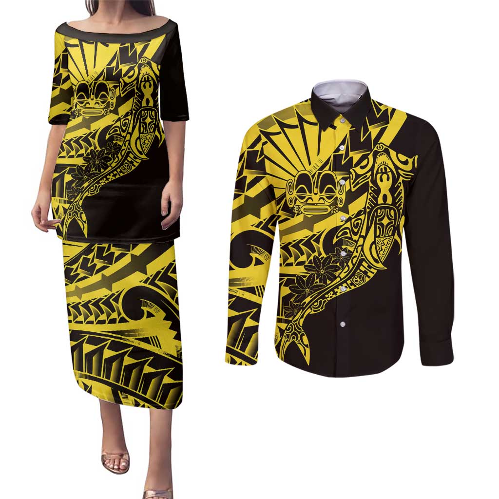 Yellow Marquesas Islands Couples Matching Puletasi and Long Sleeve Button Shirt Marquesan Matatiki Hammerhead Shark Patutiki - Polynesian Pride