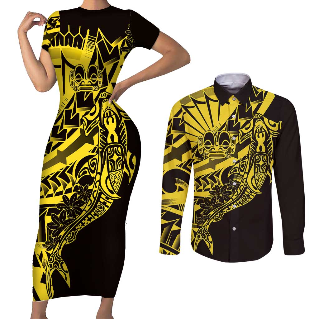 Yellow Marquesas Islands Couples Matching Short Sleeve Bodycon Dress and Long Sleeve Button Shirt Marquesan Matatiki Hammerhead Shark Patutiki - Polynesian Pride
