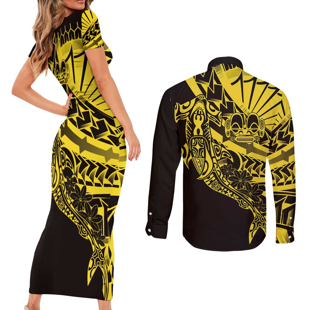 Yellow Marquesas Islands Couples Matching Short Sleeve Bodycon Dress and Long Sleeve Button Shirt Marquesan Matatiki Hammerhead Shark Patutiki - Polynesian Pride