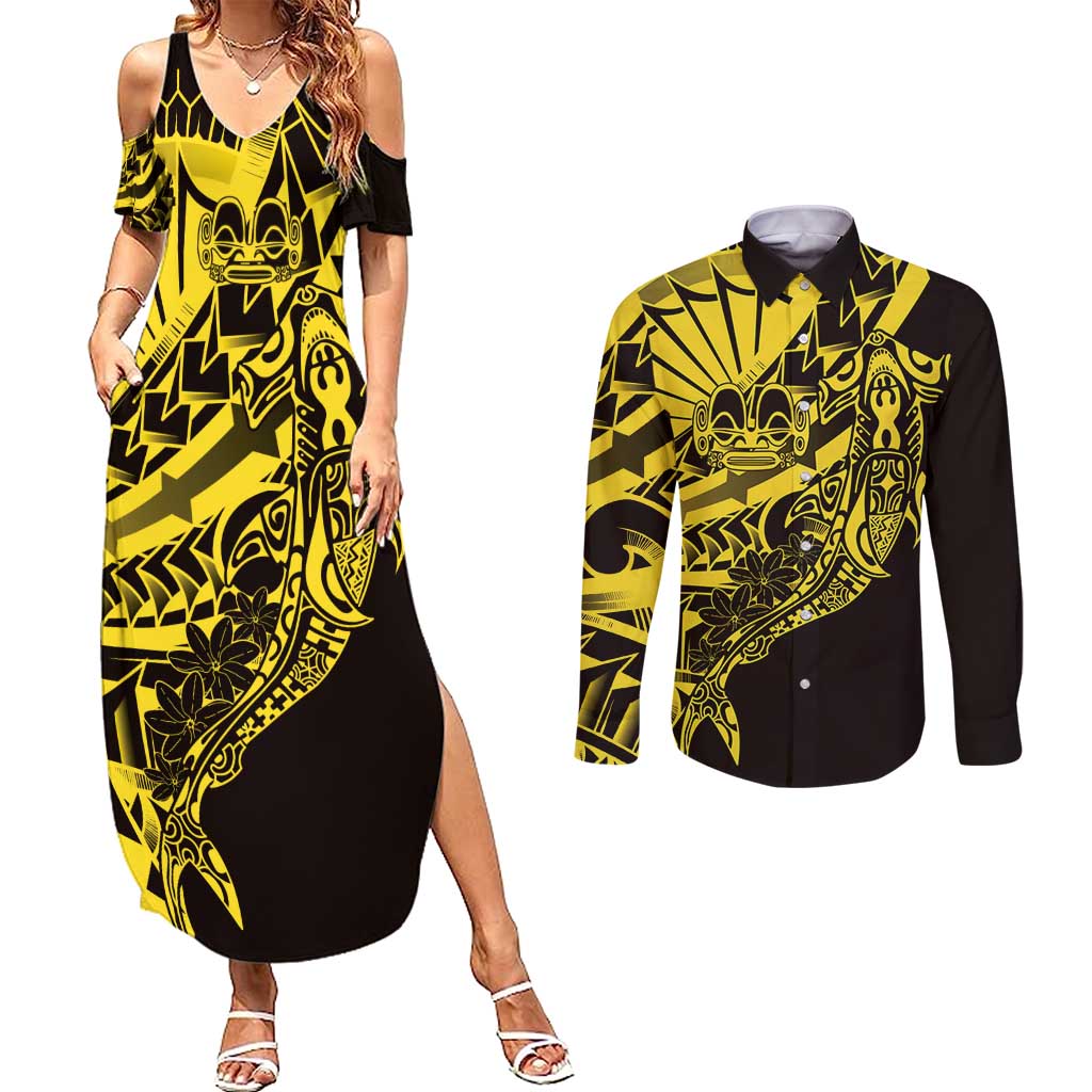 Yellow Marquesas Islands Couples Matching Summer Maxi Dress and Long Sleeve Button Shirt Marquesan Matatiki Hammerhead Shark Patutiki - Polynesian Pride