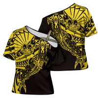 Yellow Marquesas Islands Cross Shoulder Shirt Marquesan Matatiki Hammerhead Shark Patutiki - Polynesian Pride