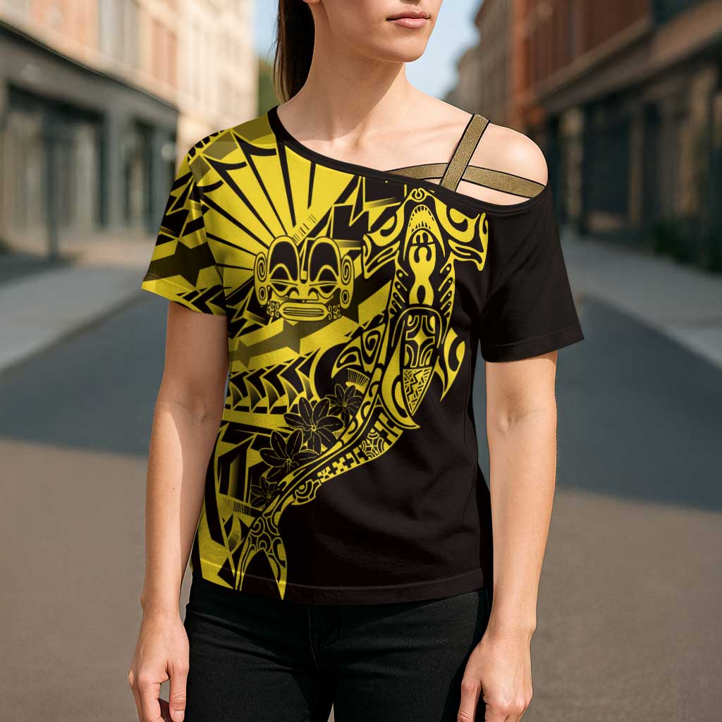 Yellow Marquesas Islands Cross Shoulder Shirt Marquesan Matatiki Hammerhead Shark Patutiki - Polynesian Pride