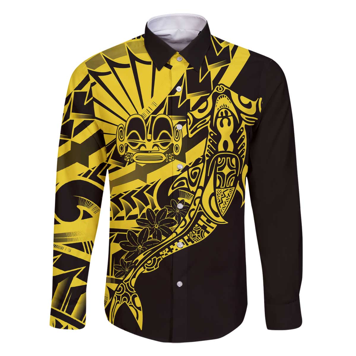 Yellow Marquesas Islands Family Matching Off The Shoulder Long Sleeve Dress and Hawaiian Shirt Marquesan Matatiki Hammerhead Shark Patutiki - Polynesian Pride