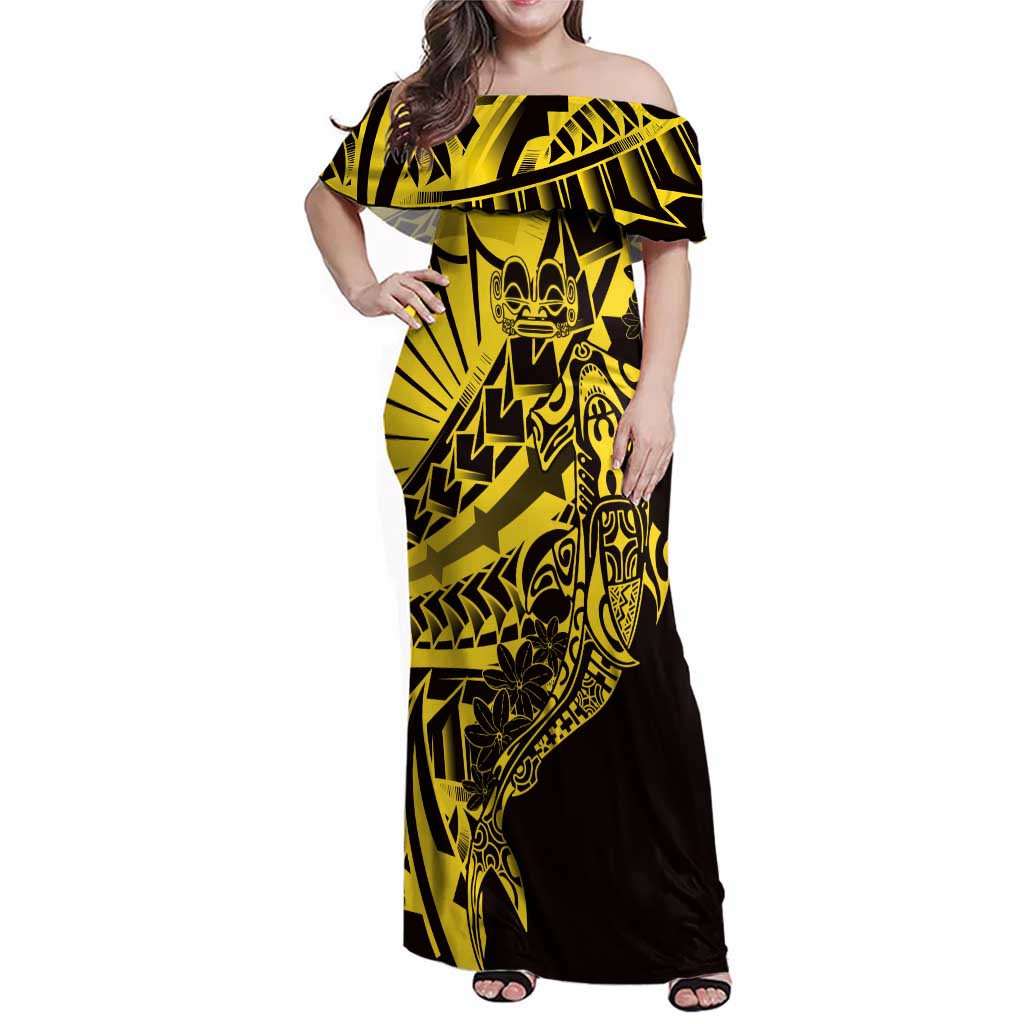 Yellow Marquesas Islands Family Matching Off Shoulder Maxi Dress and Hawaiian Shirt Marquesan Matatiki Hammerhead Shark Patutiki - Polynesian Pride