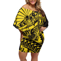 Yellow Marquesas Islands Family Matching Off Shoulder Short Dress and Hawaiian Shirt Marquesan Matatiki Hammerhead Shark Patutiki - Polynesian Pride