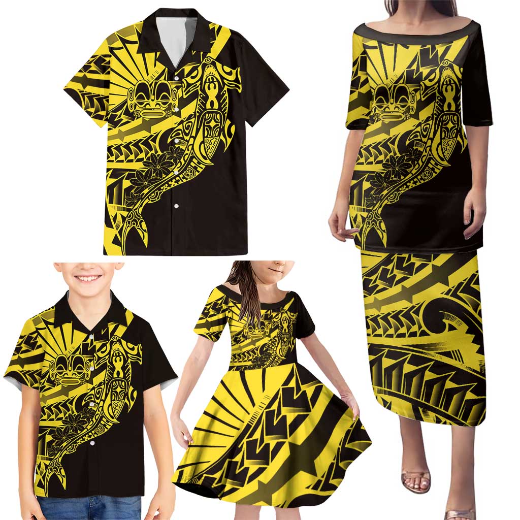 Yellow Marquesas Islands Family Matching Puletasi and Hawaiian Shirt Marquesan Matatiki Hammerhead Shark Patutiki - Polynesian Pride