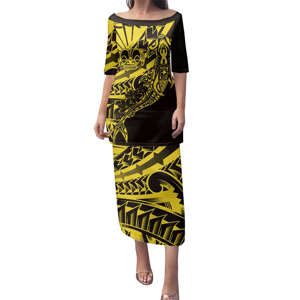 Yellow Marquesas Islands Family Matching Puletasi and Hawaiian Shirt Marquesan Matatiki Hammerhead Shark Patutiki - Polynesian Pride