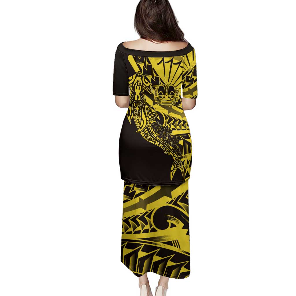 Yellow Marquesas Islands Family Matching Puletasi and Hawaiian Shirt Marquesan Matatiki Hammerhead Shark Patutiki - Polynesian Pride