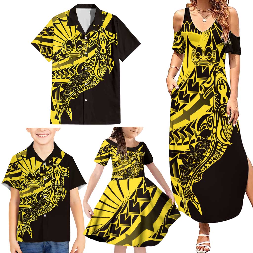 Yellow Marquesas Islands Family Matching Summer Maxi Dress and Hawaiian Shirt Marquesan Matatiki Hammerhead Shark Patutiki - Polynesian Pride
