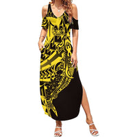 Yellow Marquesas Islands Family Matching Summer Maxi Dress and Hawaiian Shirt Marquesan Matatiki Hammerhead Shark Patutiki - Polynesian Pride