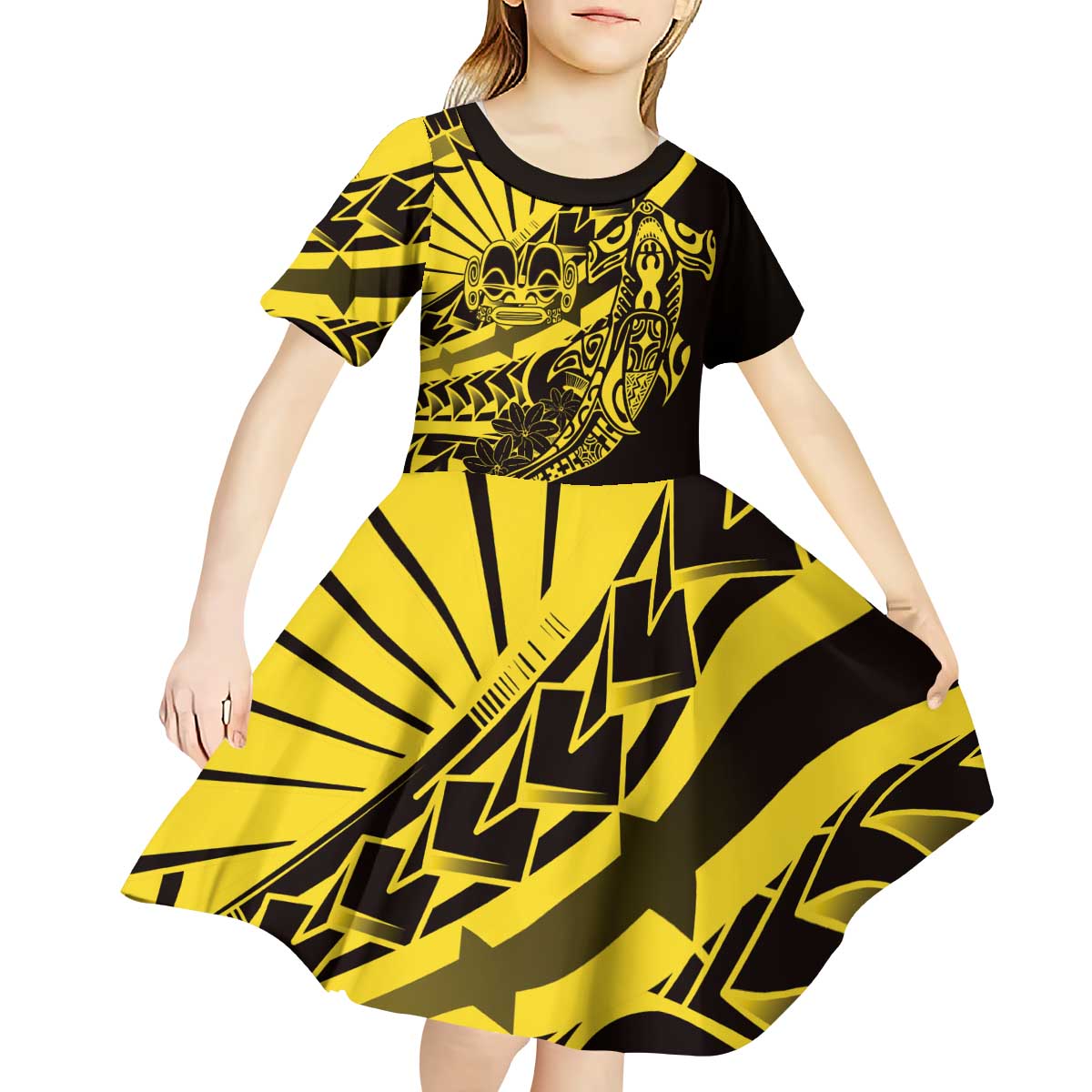 Yellow Marquesas Islands Kid Short Sleeve Dress Marquesan Matatiki Hammerhead Shark Patutiki - Polynesian Pride
