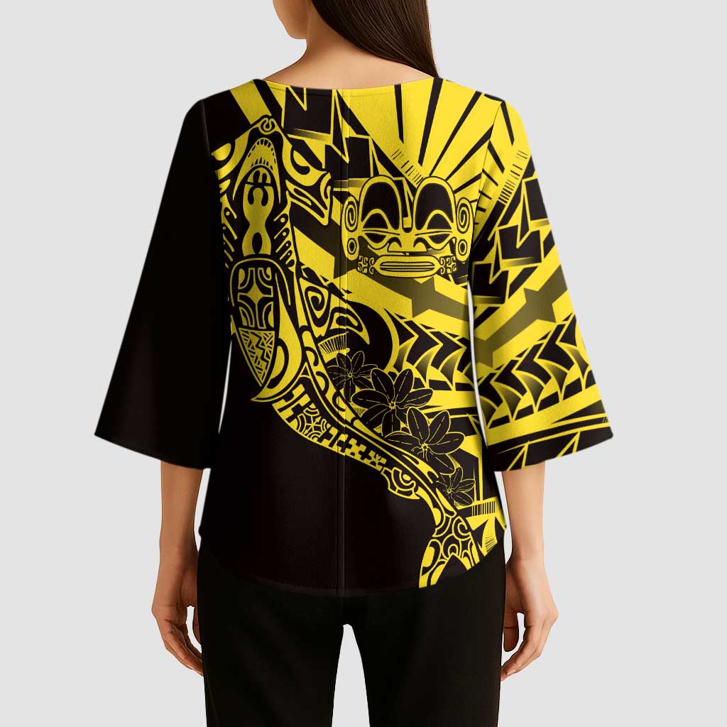 Yellow Marquesas Islands Kimono Sleeve Blouse Marquesan Matatiki Hammerhead Shark Patutiki - Polynesian Pride