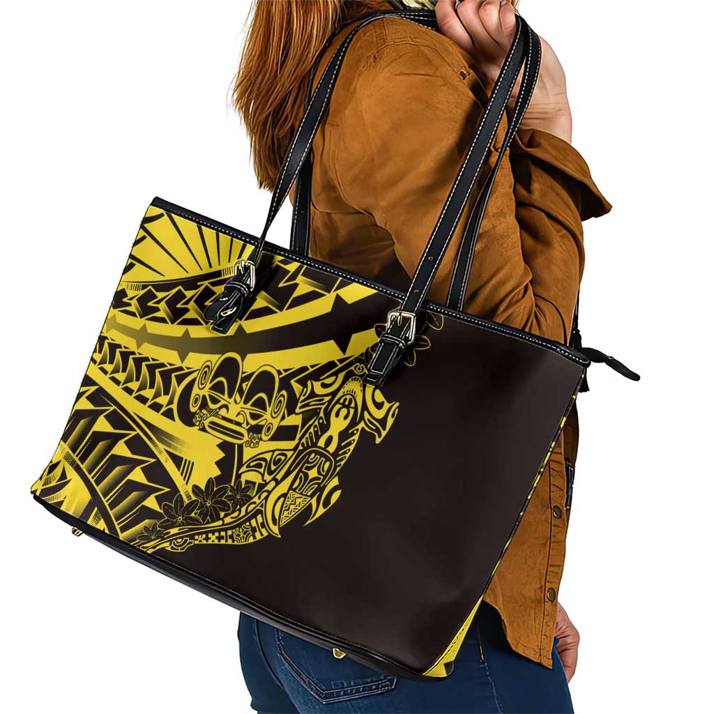 Yellow Marquesas Islands Leather Tote Bag Marquesan Matatiki Hammerhead Shark Patutiki - Polynesian Pride