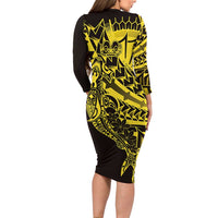 Yellow Marquesas Islands Long Sleeve Bodycon Dress Marquesan Matatiki Hammerhead Shark Patutiki - Polynesian Pride